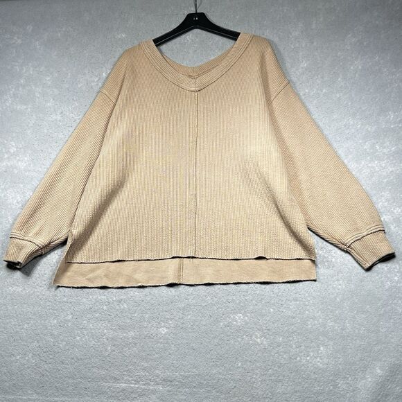 Aerie Sweatshirt Womens Small Brown Wonder Textured V-Neck Slouchy Long Sleeve - Picture 1 of 10